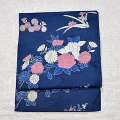 H76】濃紺 波の地模様に季節の草花 名古屋帯 長めです♪ - メルカリ
