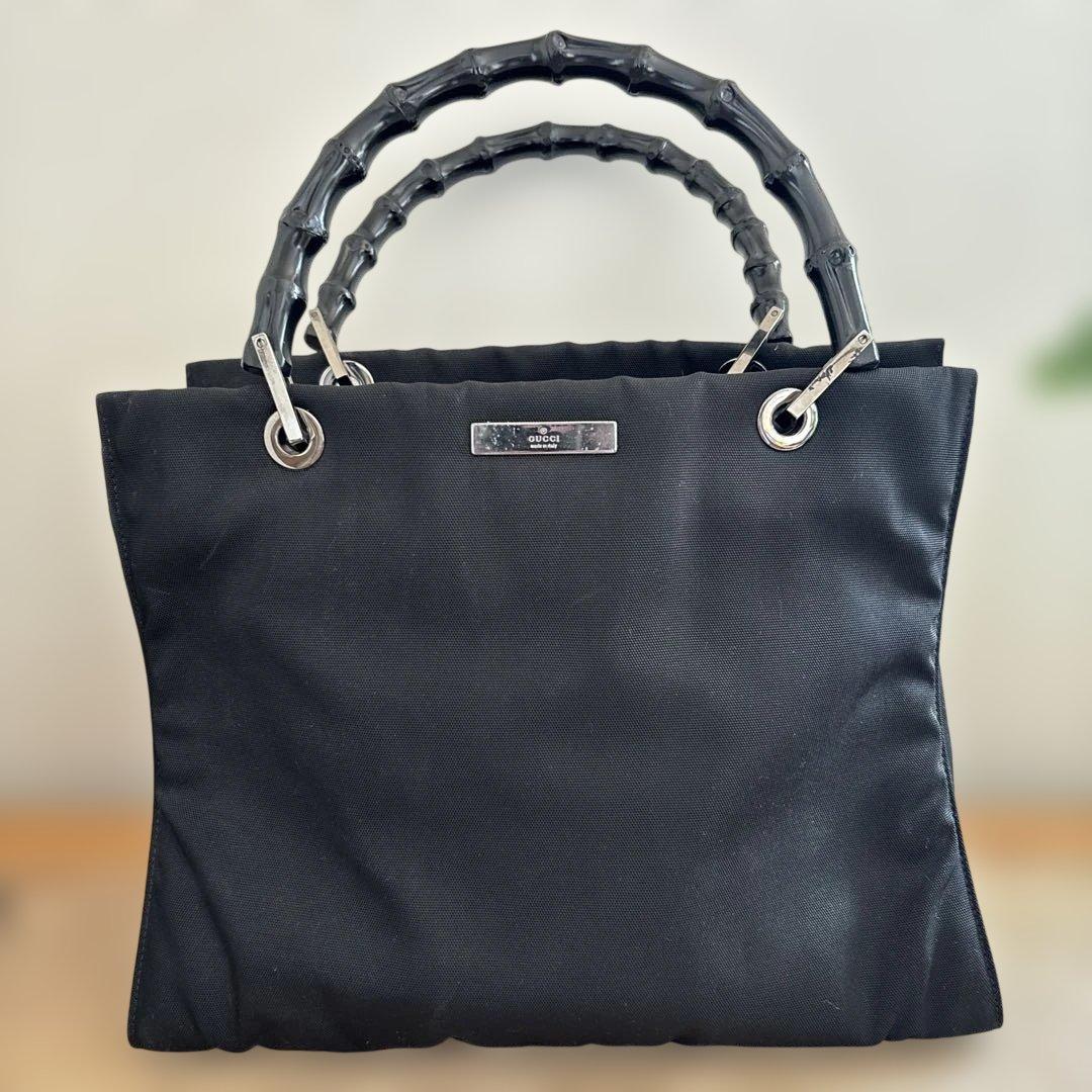 k*4様 GUCCI ブラック ハンドバッグ バンブーハンドル GUCCI（グッチ） バンブー GG柄 ブラック 黒 シルバー金具 ナイロン