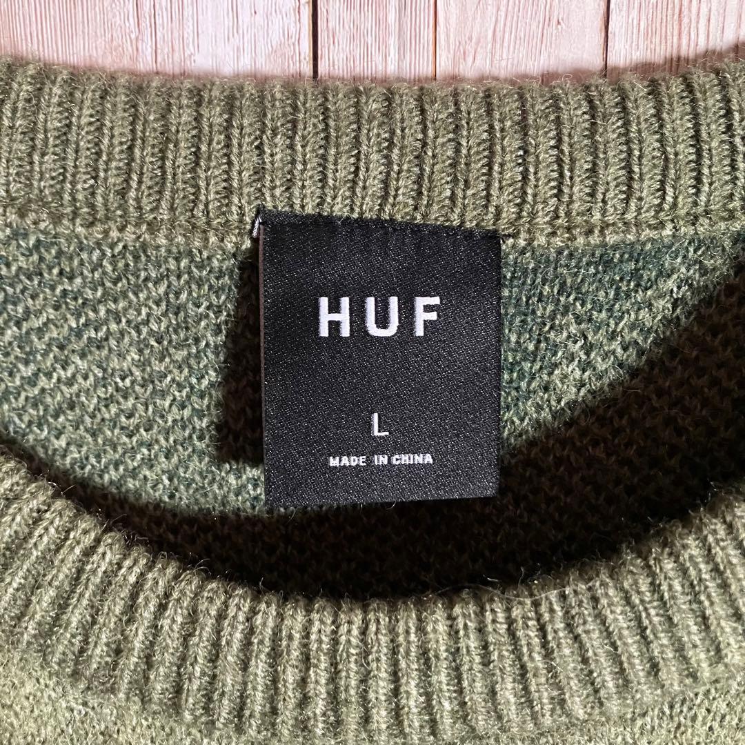304【美品】HUF ハフ ニットセーター マリファナ柄 大麻柄 カーキ L