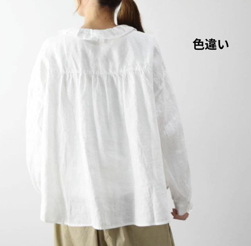 ツムグ／立体フリル リネンブラウス ライトブルー サックス 長袖