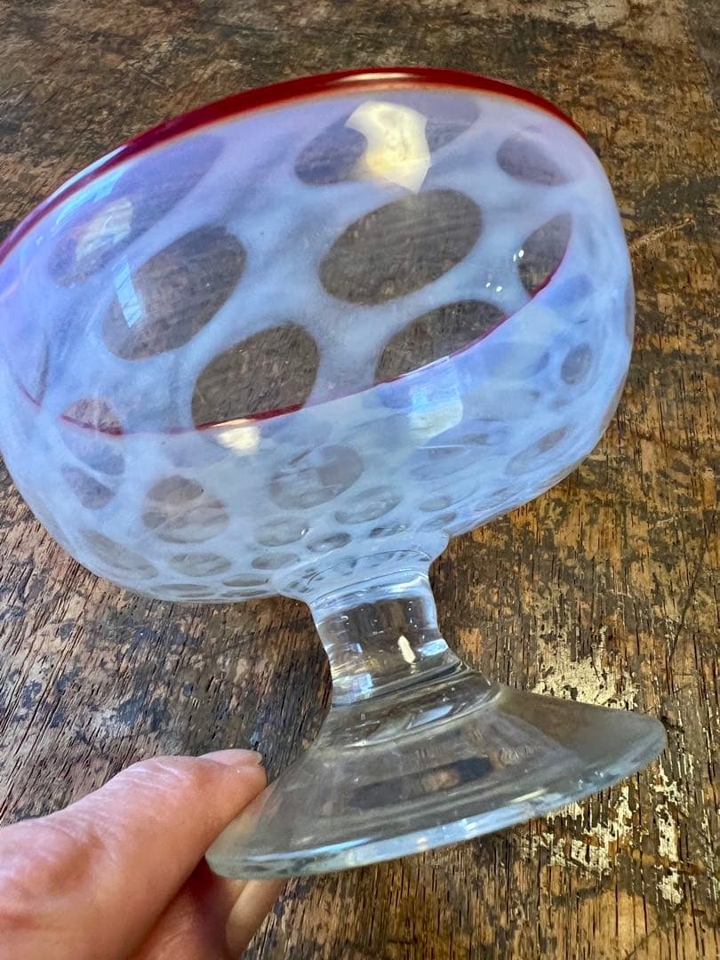 大正ロマン 赤縁水玉紋氷コップ 和ガラス アンティーク 古道具