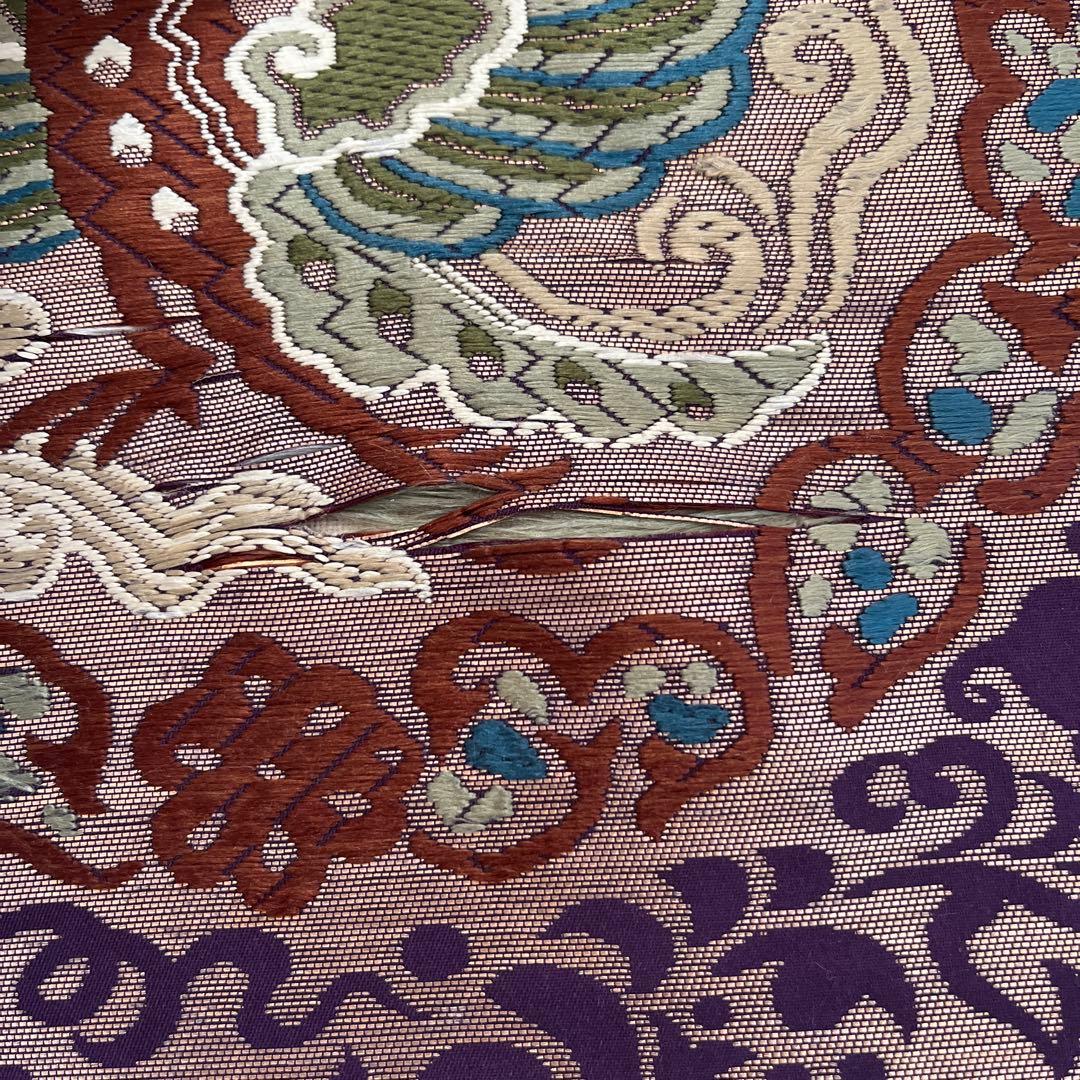 丸帯 アンティーク 正絹 龍と鳳凰 更紗 ブラウンゴールド 紫 緑 難あり