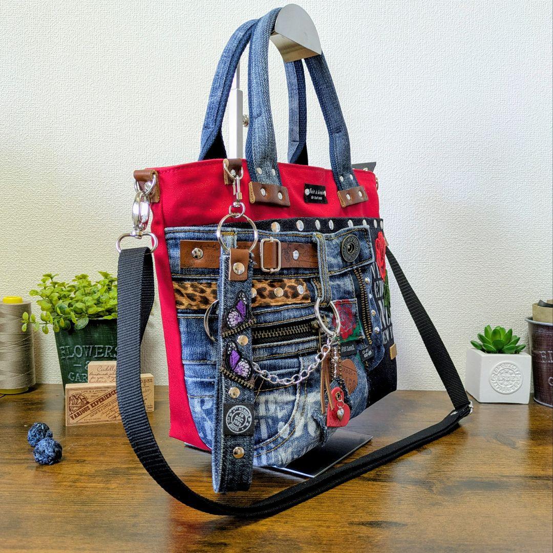デニムリメイク 2wayトート｜薔薇刺繍×ステンシル・ポケットたくさん