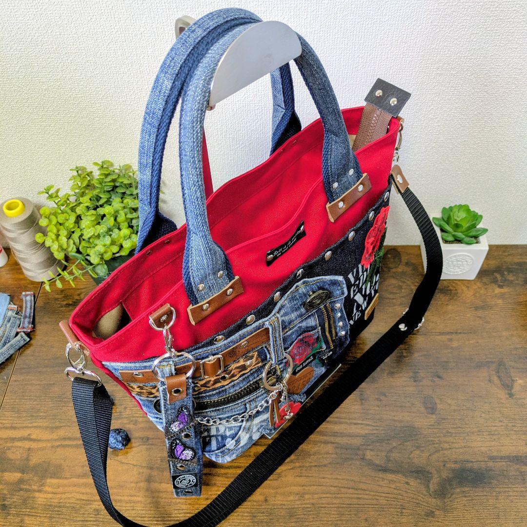 デニムリメイク 2wayトート｜薔薇刺繍×ステンシル・ポケットたくさん