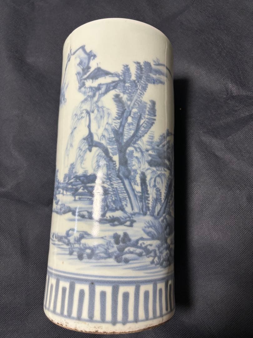 中国古美術 明清の時代　豆青釉　手絵青花花瓶　染付帽筒　筆筒　30cm 中国古美術 明清の時代 豆青釉 手絵青花花瓶 染付帽