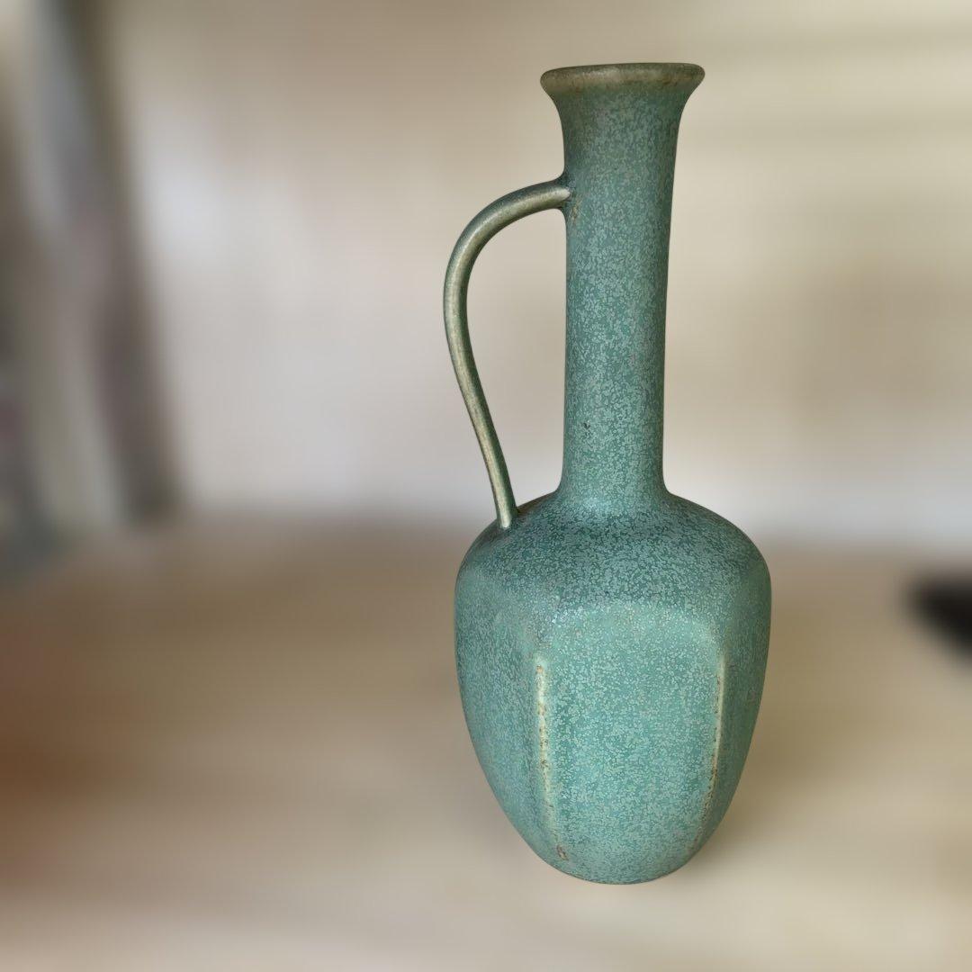 花瓶京風手描き井泉 青緑色 6角手持ち付き陶器 花瓶 - メルカリ