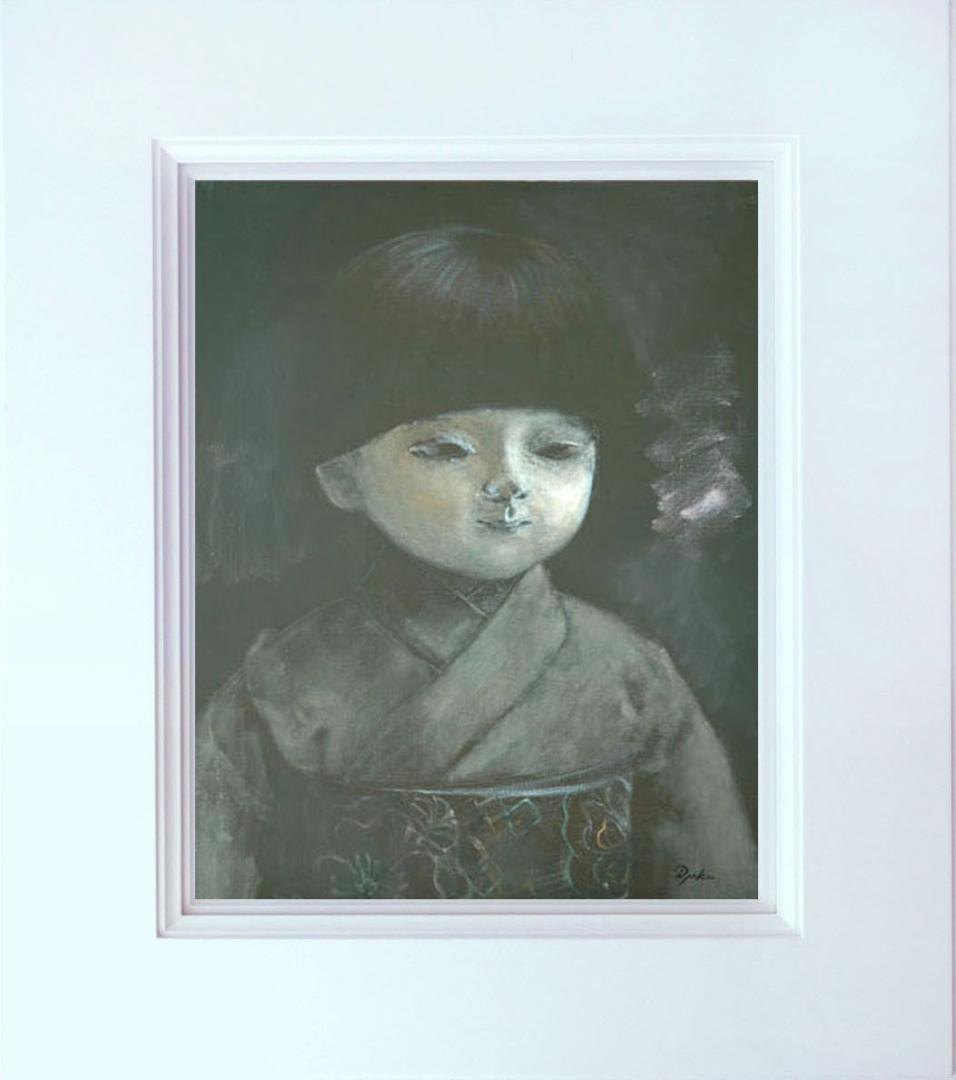 油絵 菅家令子 絵 絵画インテリア額付(白) F6-080118 市松日本人形 油絵 菅家令子 絵 絵画インテリア 額付(青緑＋金色の枠)uF6-113302花