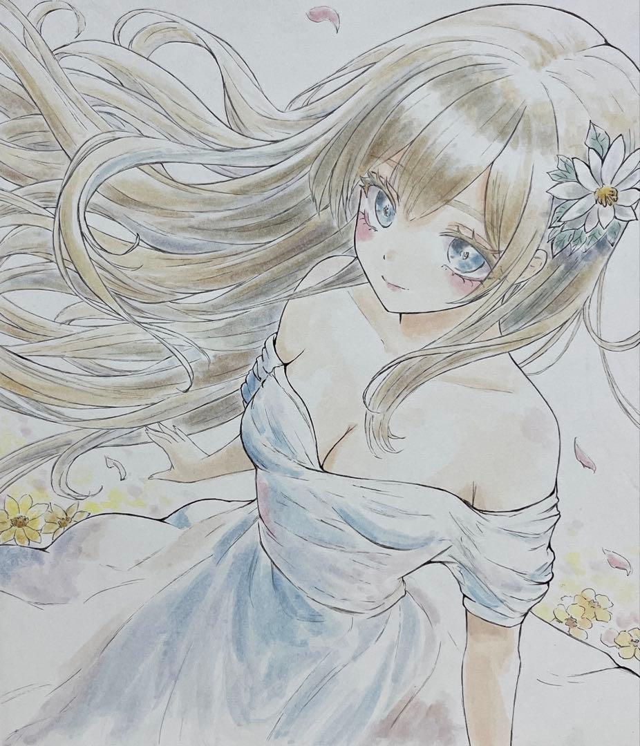 手描きイラスト オリジナル 水彩イラスト 風になびく髪の女の子 色紙