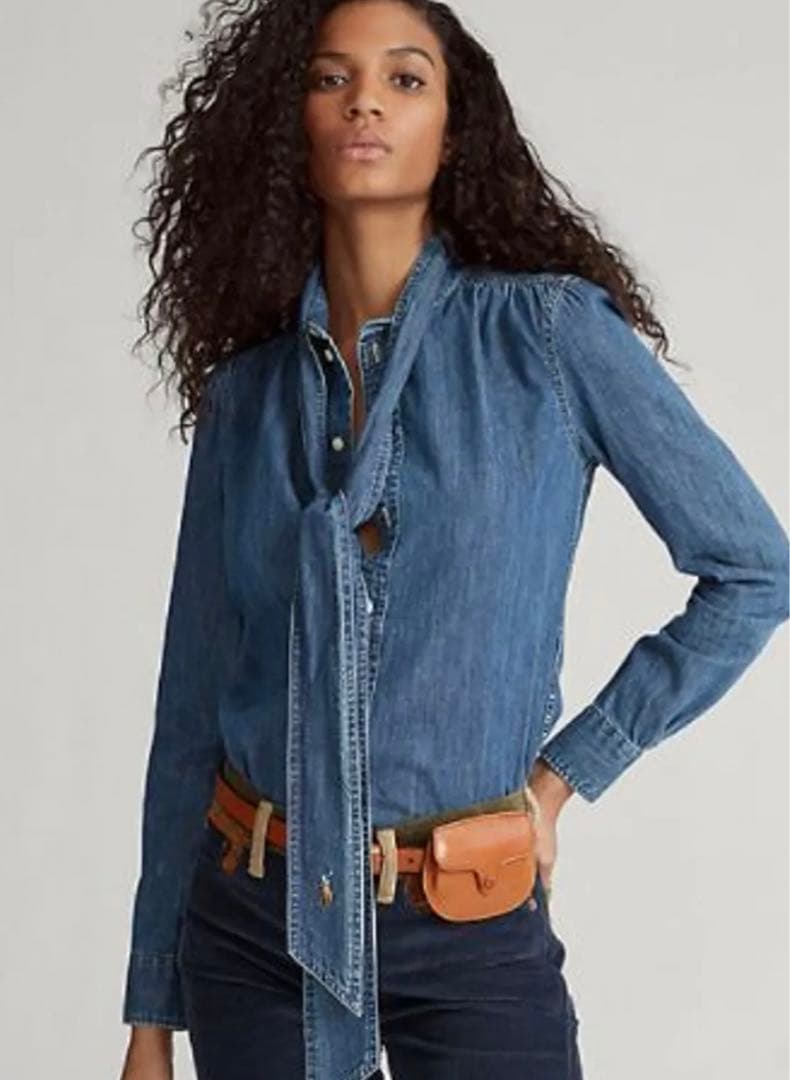 希少！タグ付き ラルフローレンRalph Laurenデニムボウタイブラウス 0