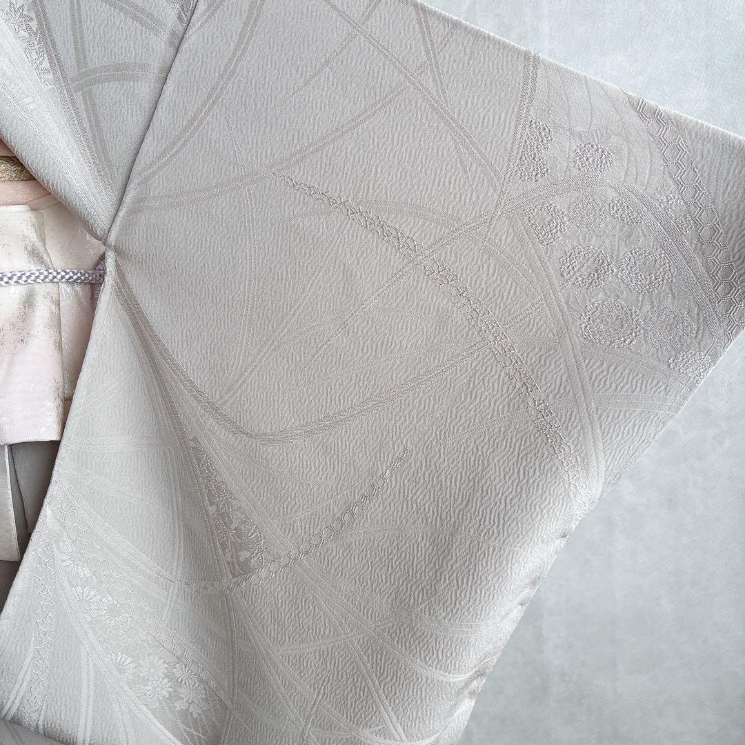 色無地 フルセット 着物 正絹 しつけ糸付き ホワイトグレー 一つ紋 G4