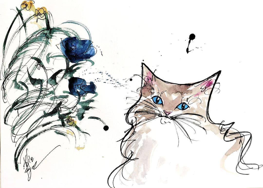 原画#3097黒猫猫薔薇花水彩画ドローイングインテリアアート絵