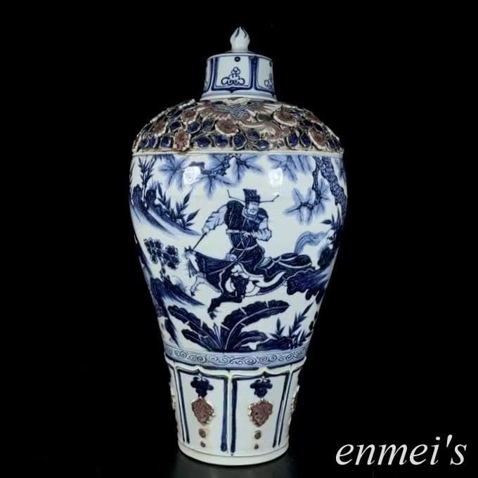 中国古美術✦青花釉裏紅捏花蕭何月下で韓信を追う梅瓶✦文房具・純手描き・陶芸・花瓶 中国古美術✦青花釉裏紅捏花蕭何月下で韓信を追う梅瓶✦文房具・純