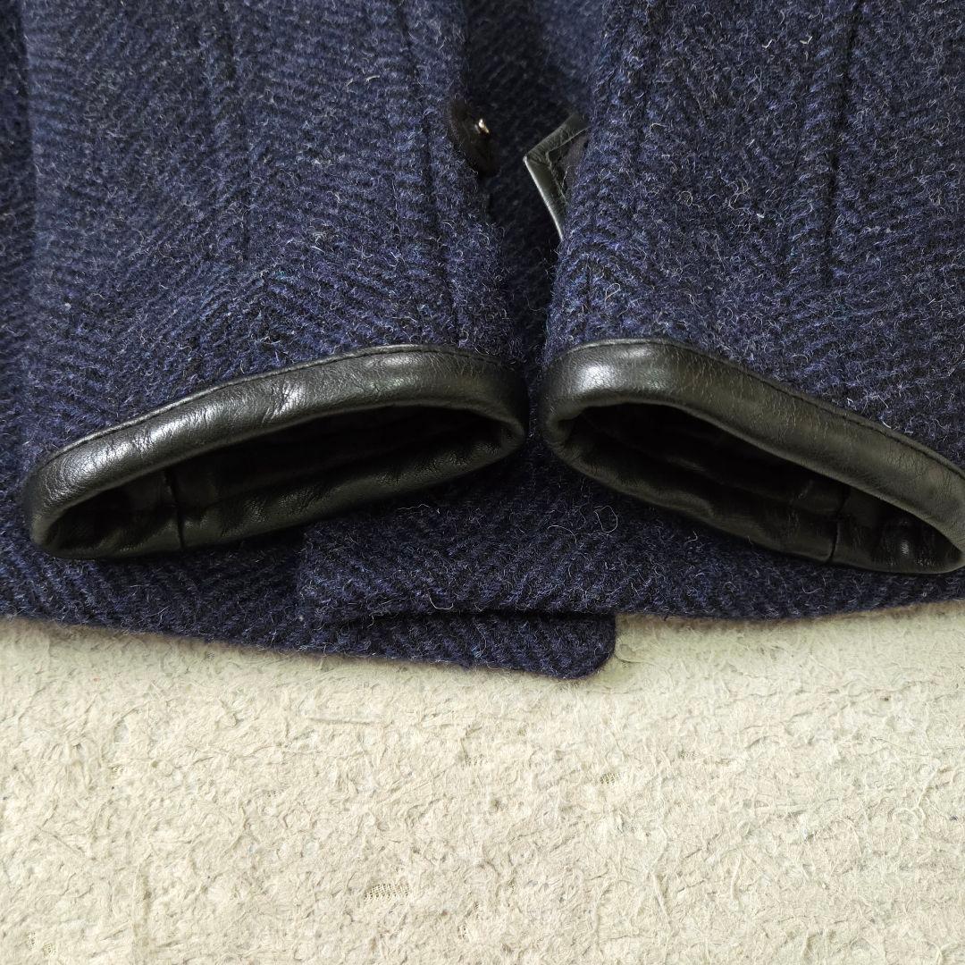 美品 デンハム フォックスブラザーズ ツイード レザー切り替え Pコート