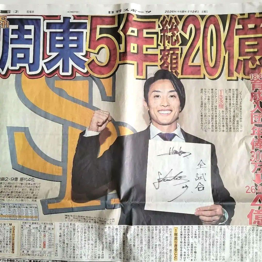 日刊スポーツ 2026.1.24 ☆ソフトバンク☆周東佑京選手☆年俸記事