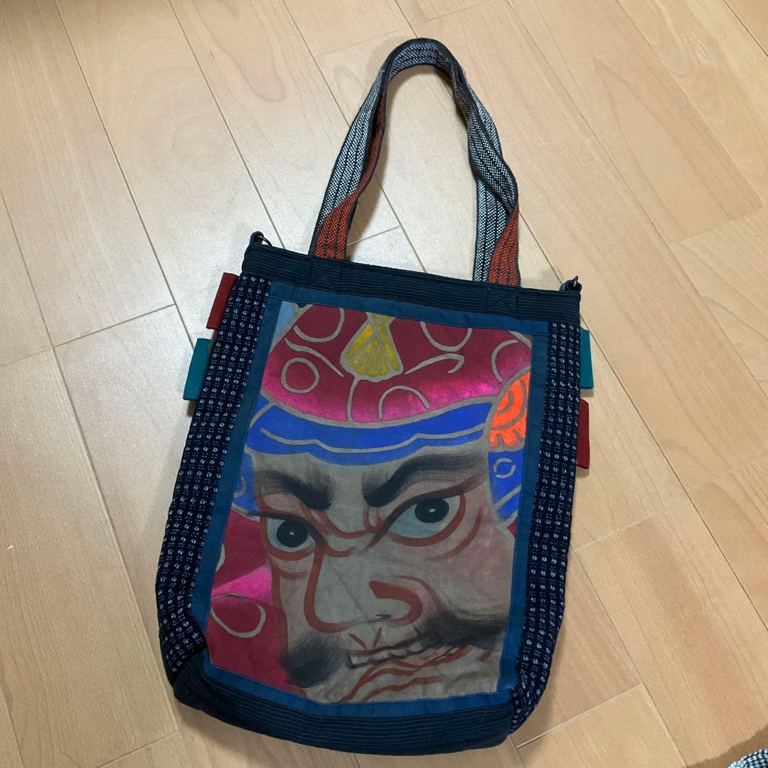 のぼり旗 柿渋染め 刺し子 古布リメイク ハンドメイドバッグ 一点物