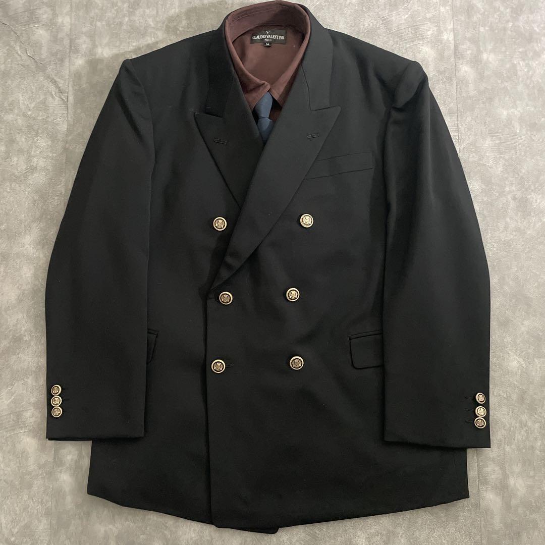 極上 漆黒ウール 黒金ボタン ダブルブレストスーツ ×OLDCELINEネクタイ