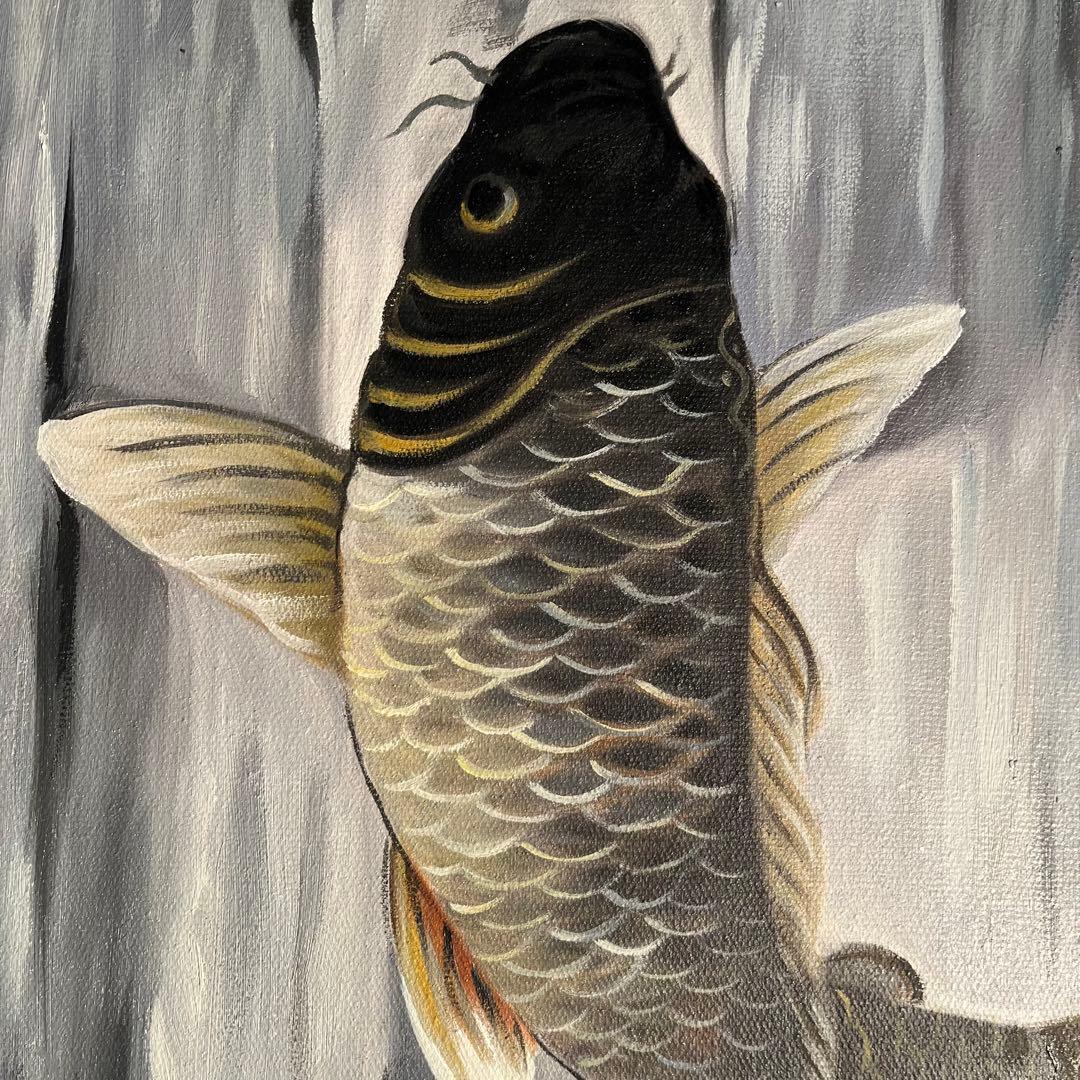 大型）手書き油絵 鯉の滝登り 肉筆絵画 インテリア 油彩画