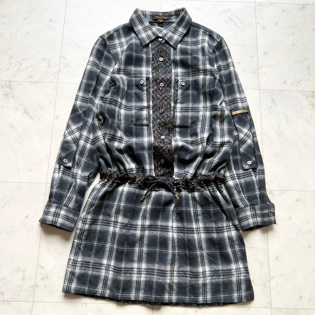 LOUIS VUITTON チェック モノグラム ウエスト絞り シャツワンピース LOUIS VUITTON(ルイヴィトン) 21SS モノグラム チェック シルク半袖