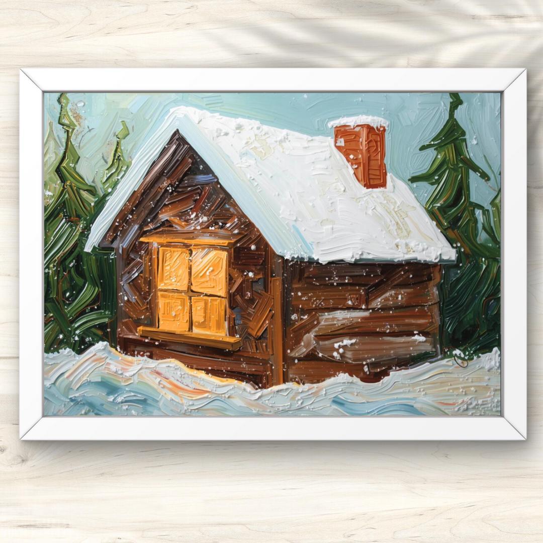 A4 雪に包まれた森のログハウス 冬の風景画アート ウォールアート 油彩