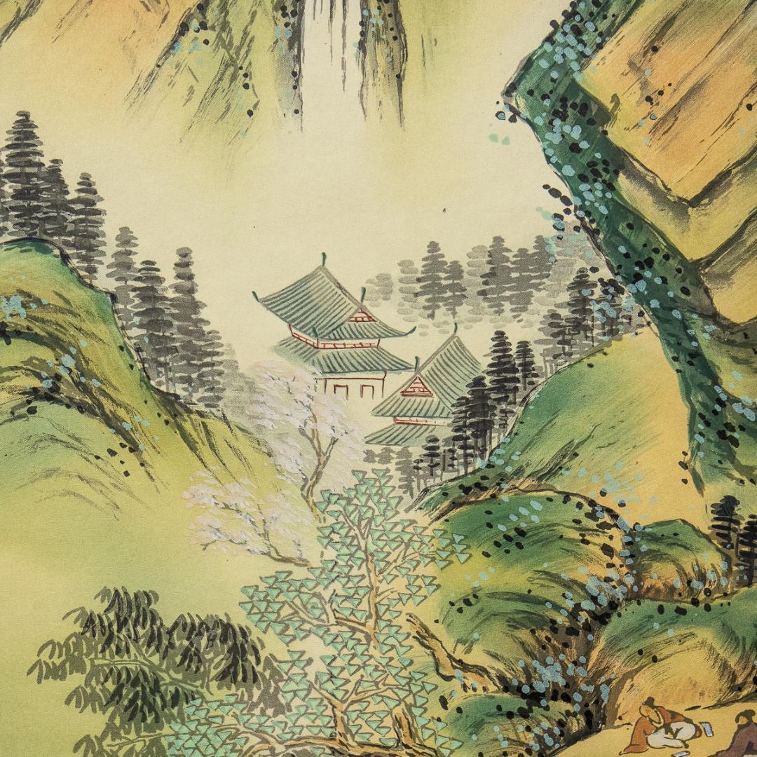 掛軸-1083 芳文 彩色南画山水図 共箱 青緑山水 大幅 - メルカリ