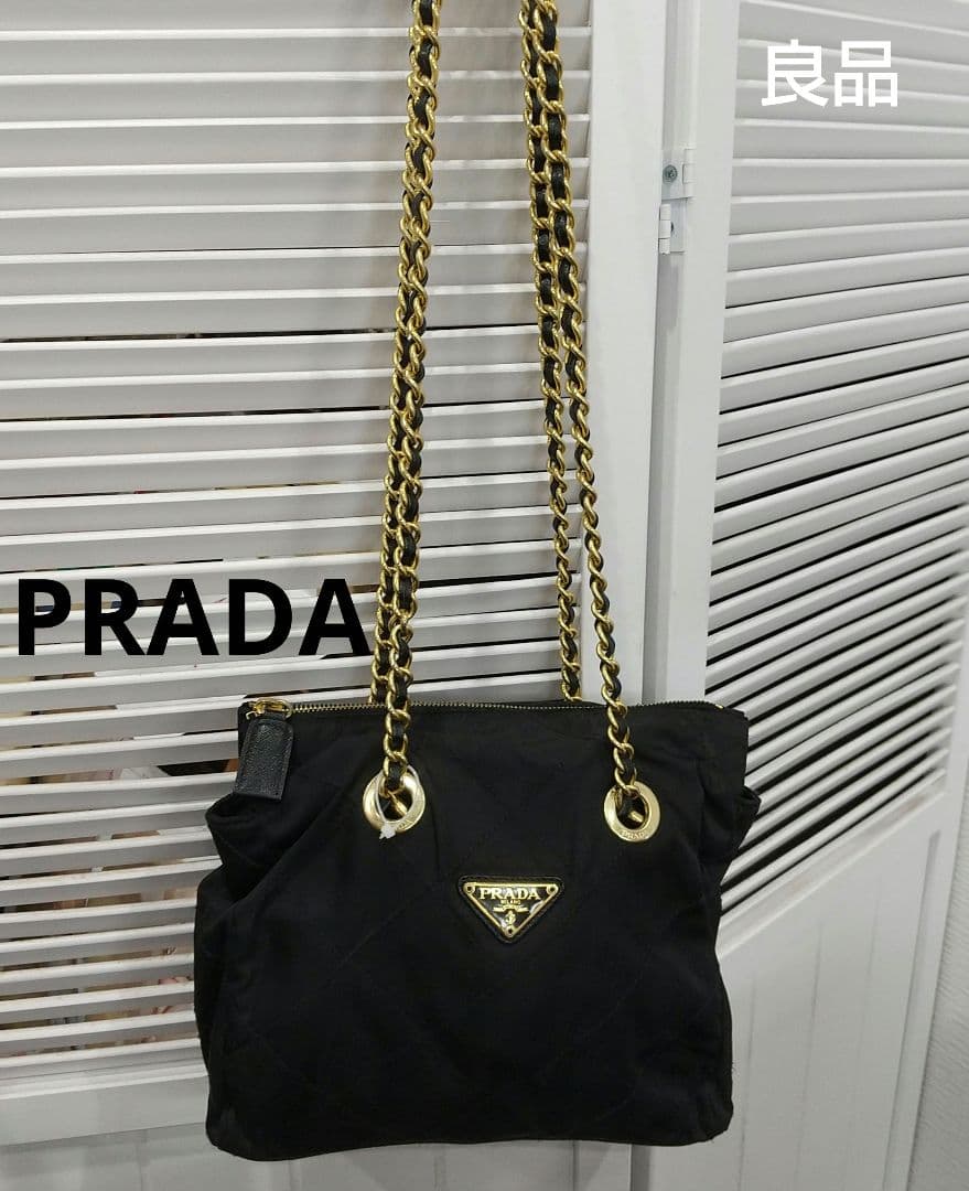 良品 プラダ ナイロン ゴールドチェーンバッグ ブラック - メルカリ