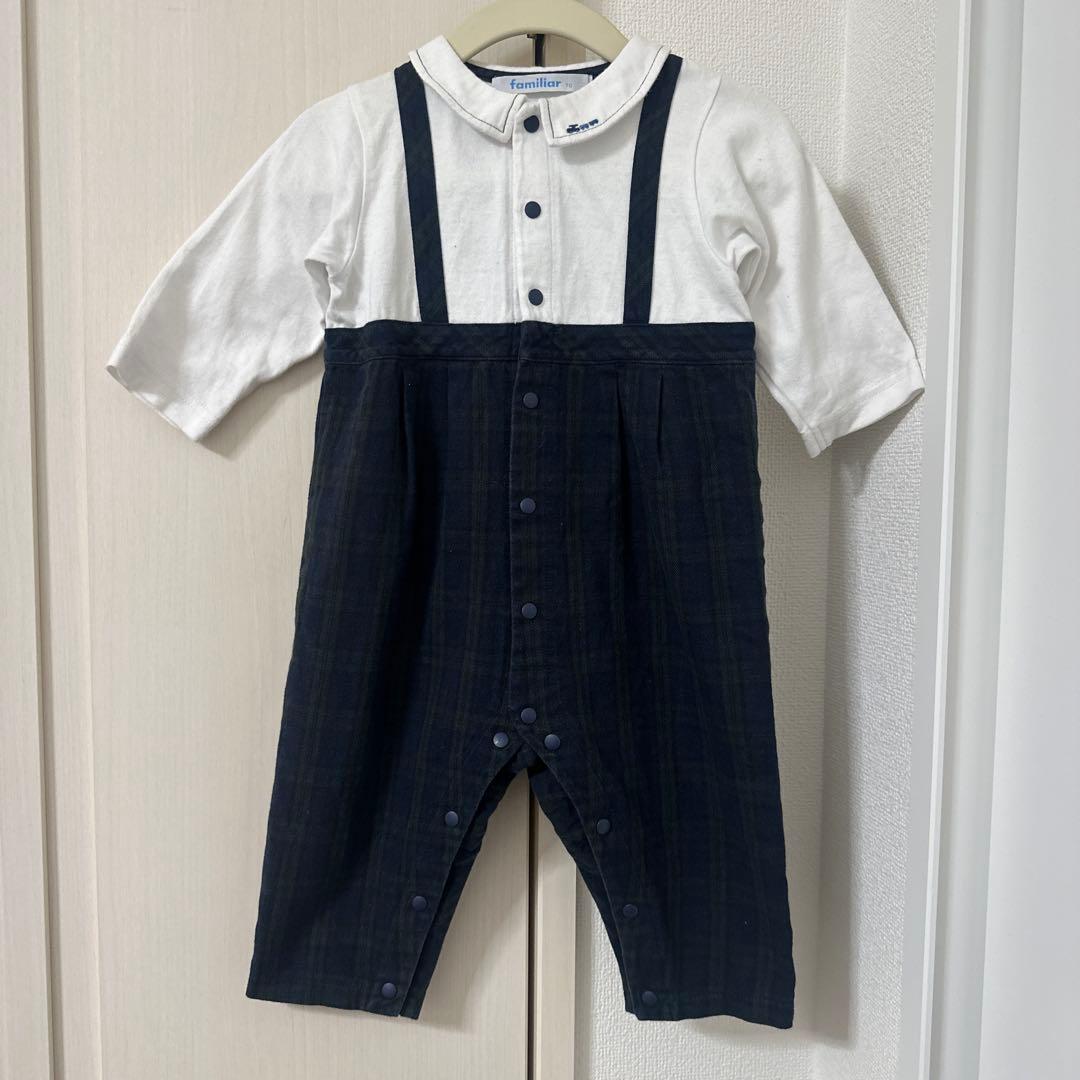未使用に近い】familiarファミリア 緑チェックロンパース ファミくん70