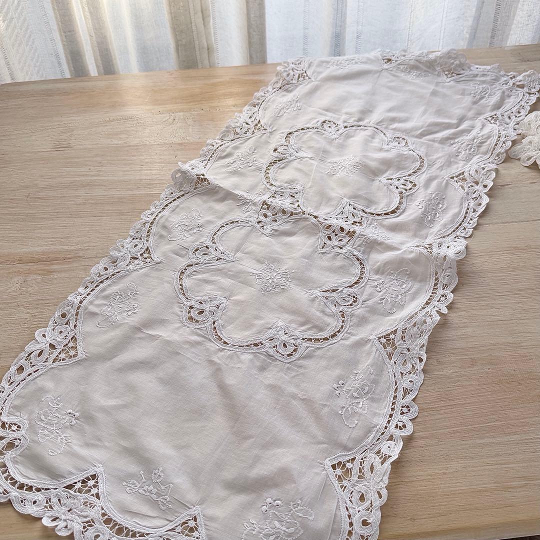 ヴィンテージバテンレース ドイリー ホワイト刺繍レーステーブルクロス