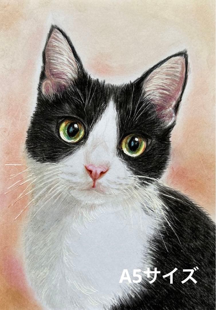 猫 絵画 子猫 イラスト 水彩色鉛筆 油彩色鉛筆 原画 ハチワレ猫ちゃん