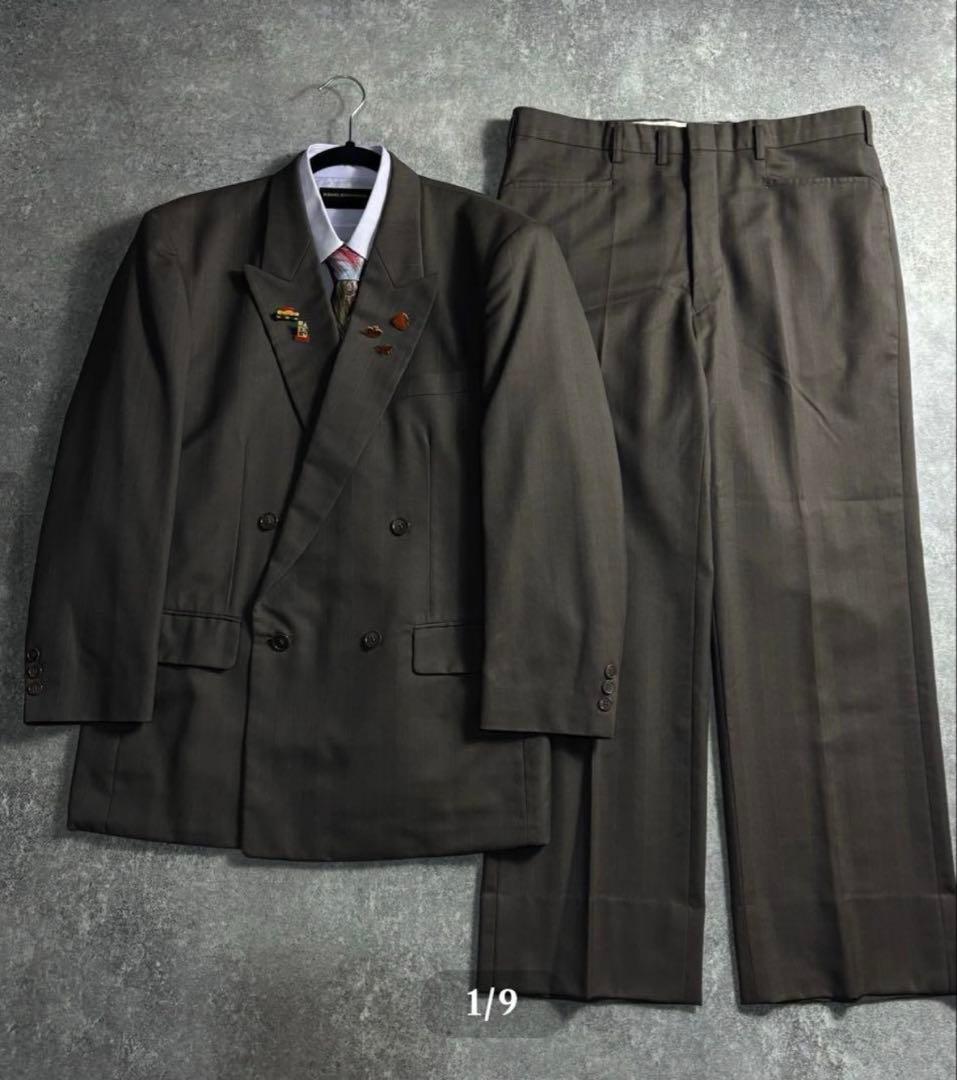 ヴィンテージセットアップ　ダブルスーツ　ウール　成人式　卒業式　ブラウ 90s ヴィンテージ セットアップ ダブルスーツ ブラック×ブルー 極上