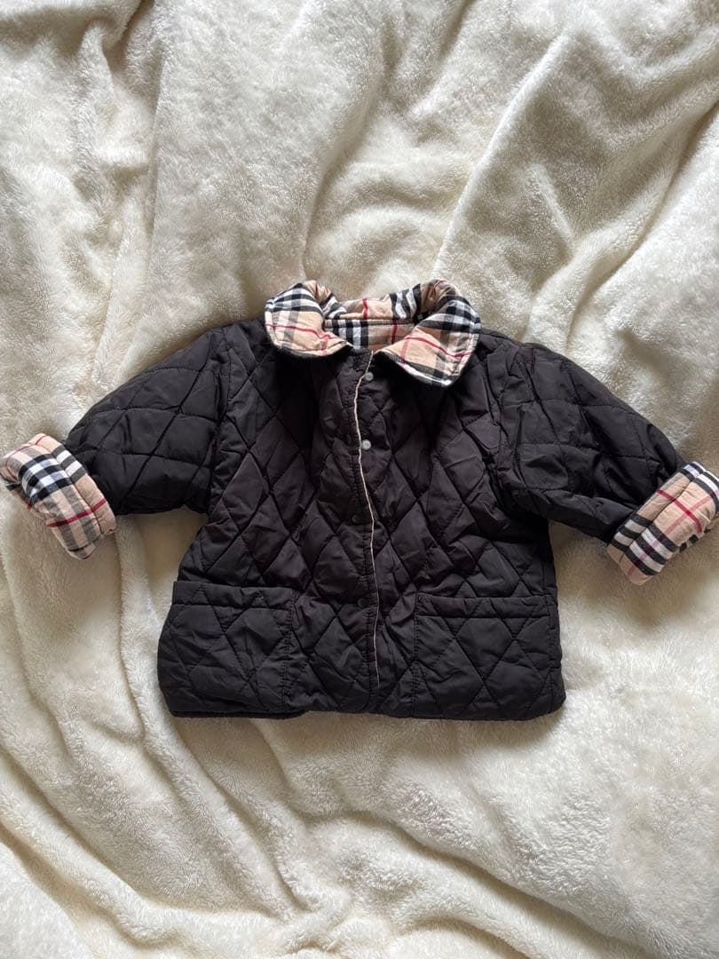 韓国子供服 ベビーキルティングジャケット黒 チェック柄 リバーシブル