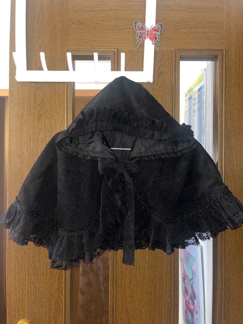 MRcorsetフリルフード付き黒ケープ ◇受注商品◇ボリュームレースフリルロング夏ケープ：黒レース
