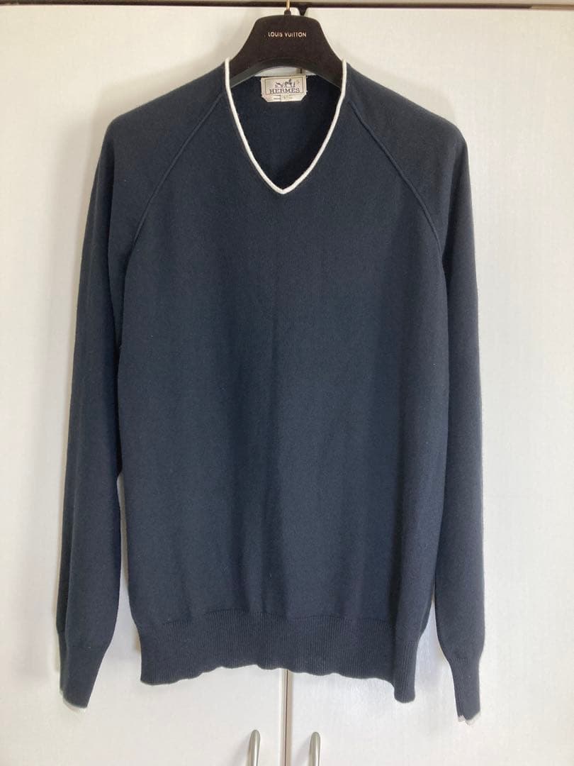 ☆ 美品☆ エルメス　カシミアコットンVネック　ニットセーター　L HERMES（エルメス） 未使用品▽HERMES 23AW カシミヤ100% Vネック