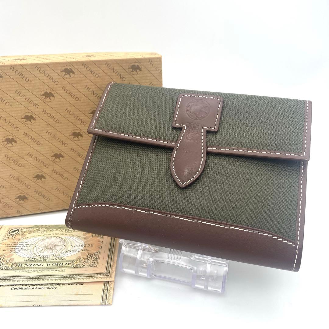 未使用級】 ハンティングワールド 三つ折り財布 キャンバス レザー