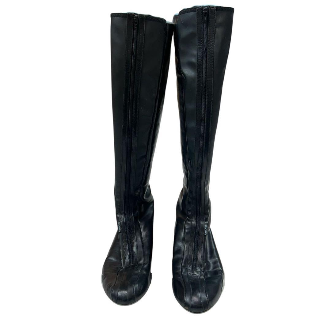 K634 25.0cm シャネル ココマーク 刺繍 ブーツ ブラック レディース