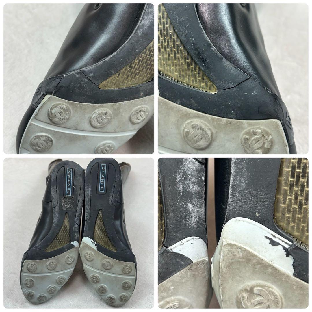 K634 25.0cm シャネル ココマーク 刺繍 ブーツ ブラック レディース