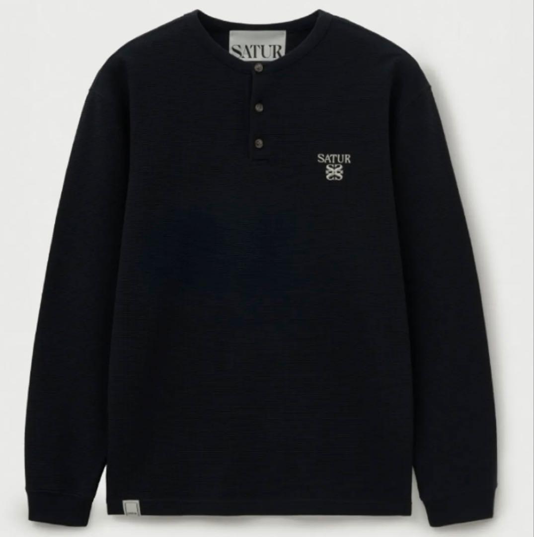即購入可 SATUR ブラック ヘンリーネック Tシャツ M ヘンリーネック Tシャツ メンズ 無地 サーマル ワッフル 夏 アメカジ