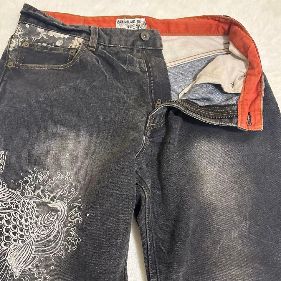 絡繰魂 Karakuri ブラックデニム W32 鯉刺繍 シルバー 5連ポケット www