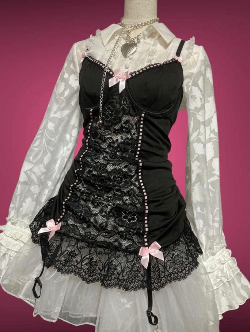レア00s桃リボン小悪魔姫ギャルレースランジェリーミニワンピ