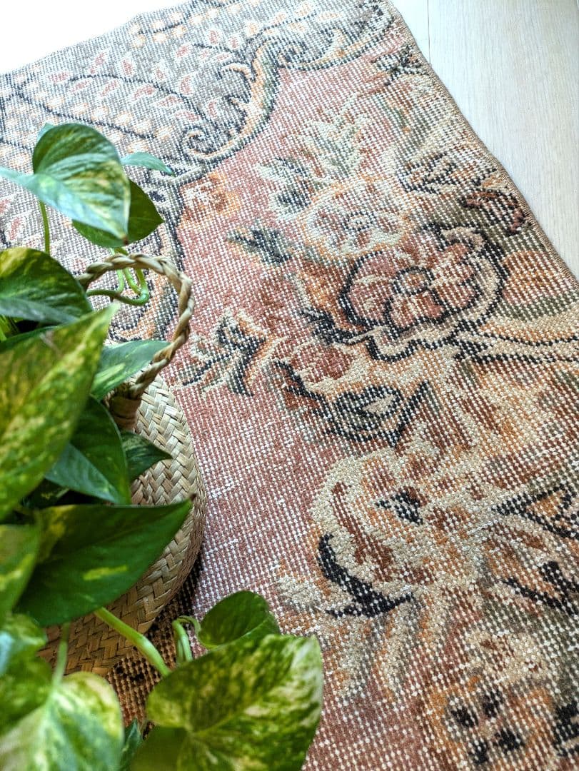 50×91 くすみサーモンピンク×くすみチャコールグレー　トルコヴィンテージラグ 115×212 オレンジピンクブラウン オーバーダイ トルコヴィンテージラグ