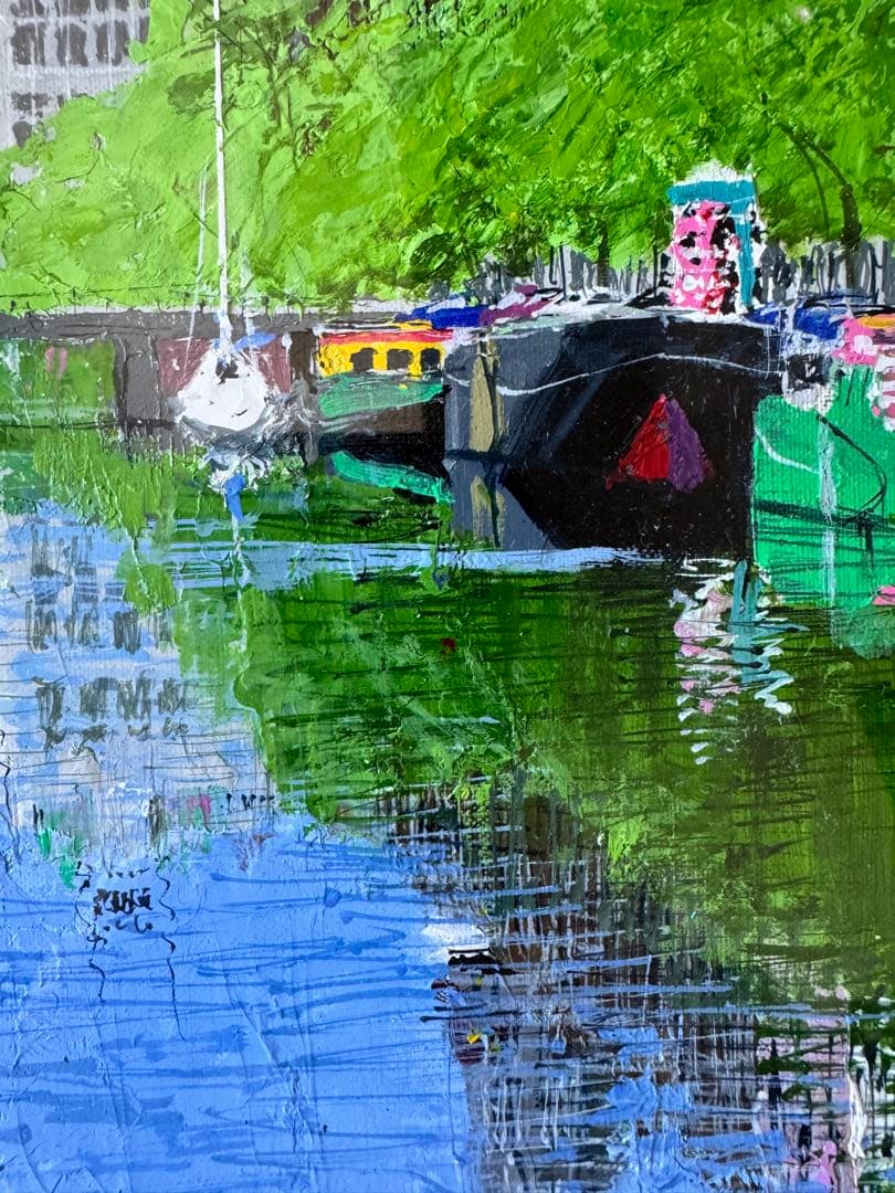 真作 小田切訓「塔のある運河」キャンバスに油彩 F4号 額装・タトウ箱・