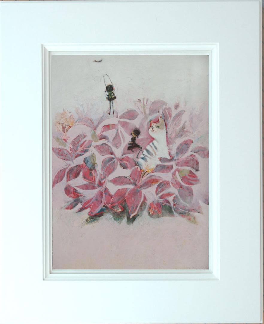 油絵菅家令子絵 絵画インテリア額付(青緑＋金色の枠)uF6-070519猫