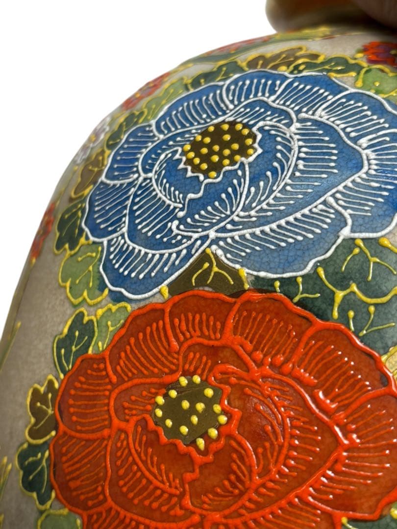 薩摩焼 丸十字紋 色絵金彩 花鳥図 大壺 花瓶 木箱付き S-12