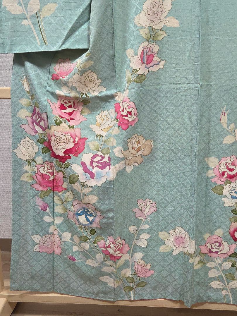 A◇着物くつろぎ セミアンティーク 薔薇 金彩 金駒刺繍 水色 袷 訪問着