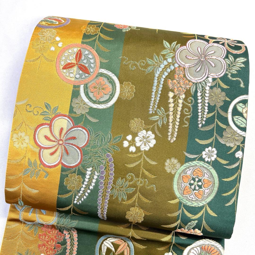 振袖帯 袋帯 唐織 枝垂れ桜 桜 花紋 縦縞 金糸 着物 024tz - メルカリ