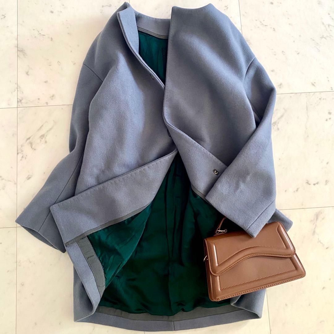 美品 ドゥロワー オーバーサイズ コクーンノーカラーコート ウールシルク ドゥロワー Drawer ノーカラー ロングコート ウール ナイロン ネイビー