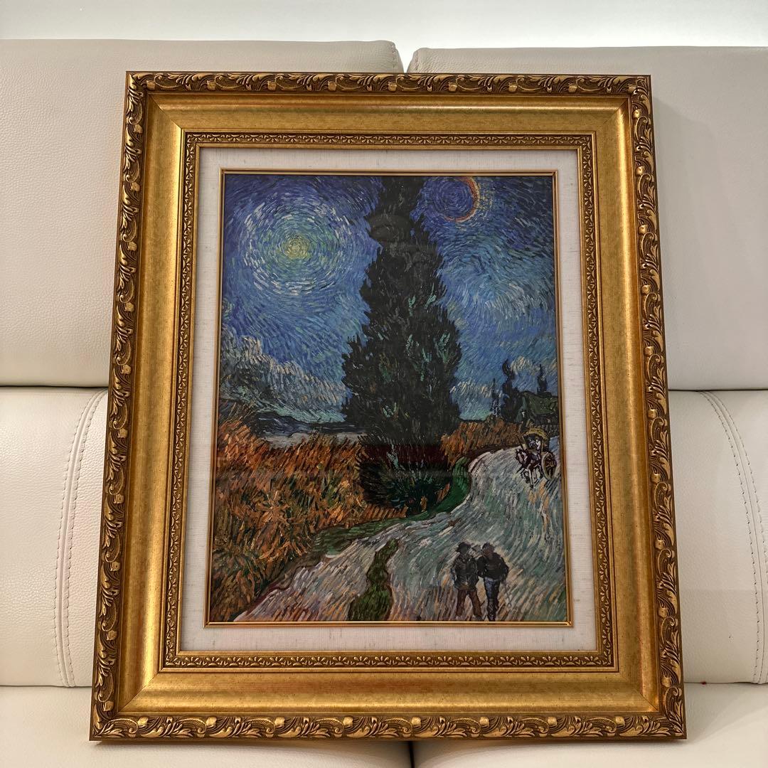 油彩画 星月夜の道 約40x50cm 一点物】 油彩 複製画 フィンセント・ファン・ゴッホ 「星月夜