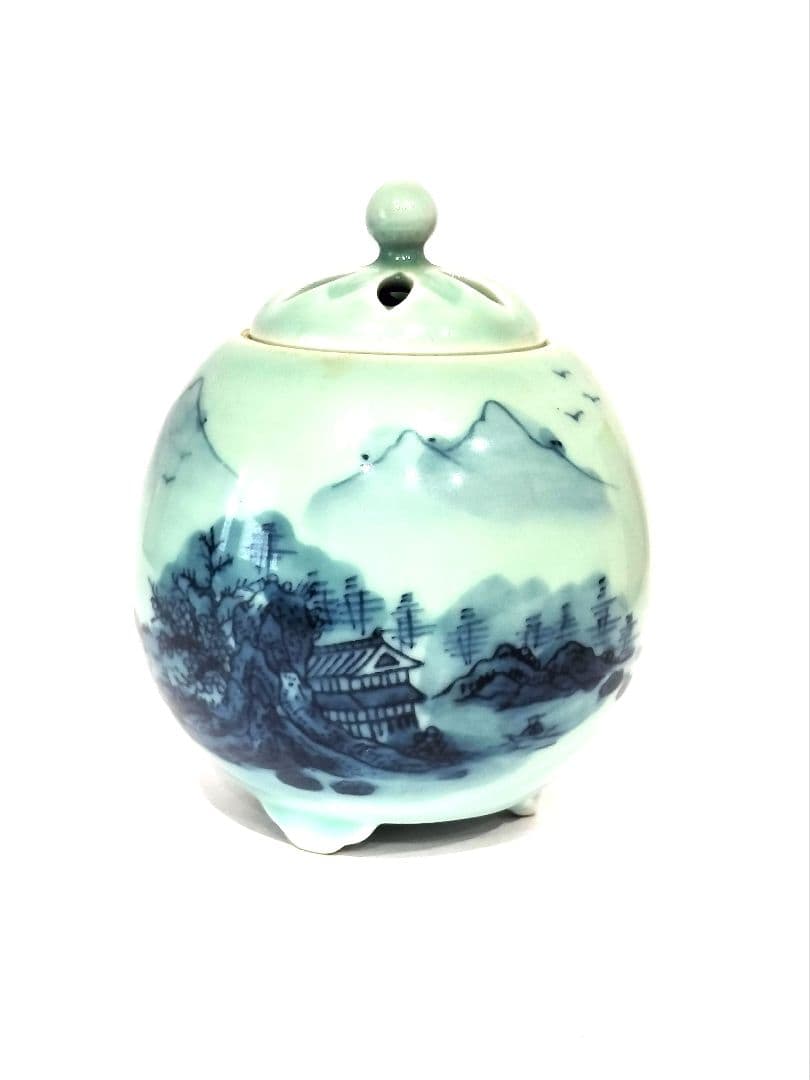 ❤【新品・未使用】鍋島焼 大秀作 青磁山水 香炉 茶道具 日本製 木箱