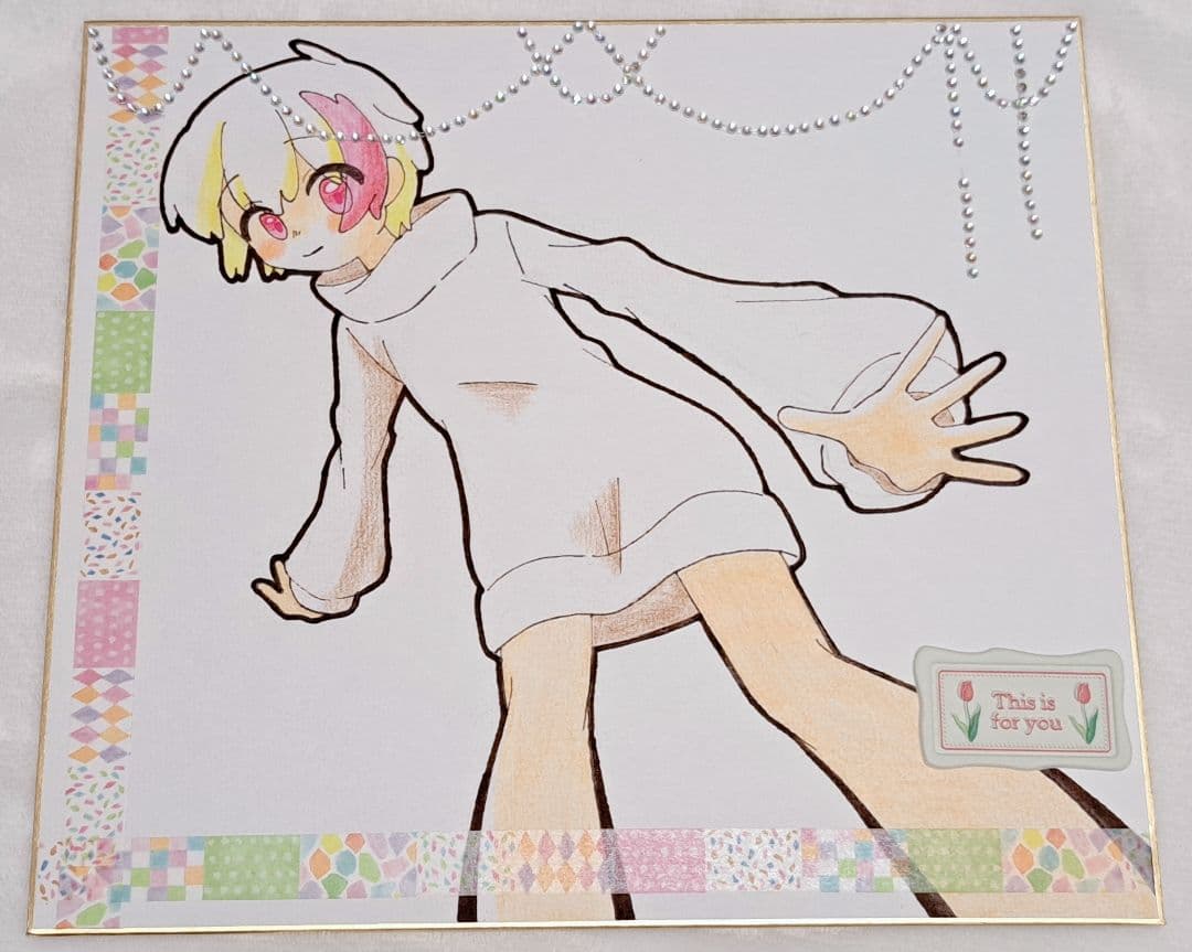 手描きイラスト 色紙 原画 ペン画 色鉛筆 一点物 女の子 オリジナル