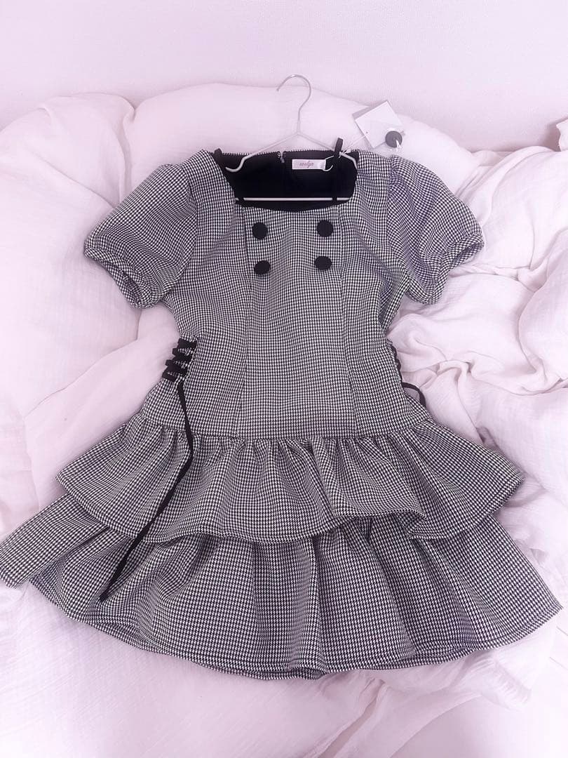 evelyn ティアードミニOP 千鳥柄｜ティアードミニワンピース｜evelyn
