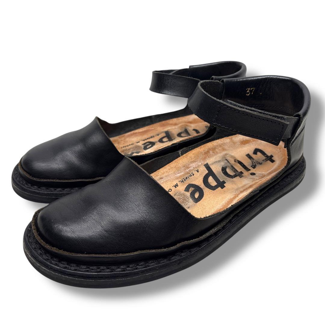 美品■trippen 【23.5】FRINGE アンクルストラップ サンダル 黒 trippen｜フリンジ FRINGE バレリーナシューズ アンクルストラップ